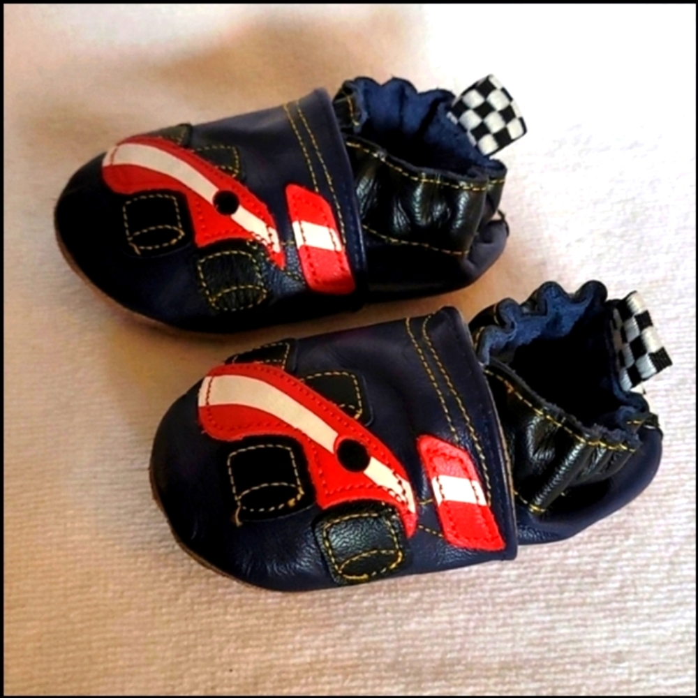 Robeez Soft Soles Navy Blue Race Car Slip On Leather Baby First Walking Shoe